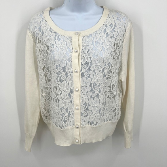 Karl Lagerfeld Sweaters - Karl Lagerfeld Paris White Knit Cardigan Pearl Buttons Lace Front Size L